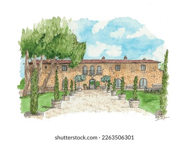 Tuscan villa sketch watercolor illustration. French Italian house building art stone. Isolated vector.