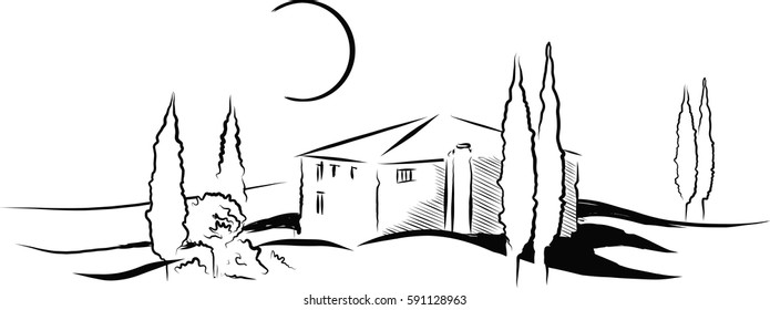 Tuscany background, Italian home surrounded by poplar trees.