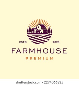 Tuscany Farmhouse concept logo. Template with farm landscape. Label for natural farm products.