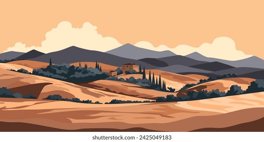 Vista al paisaje de las colinas de Toscana. Panorama de campo italiano con olivos, antiguas casas de campo y ciprés al atardecer. Fondo de paisaje panorámico rural. Ilustración de vector