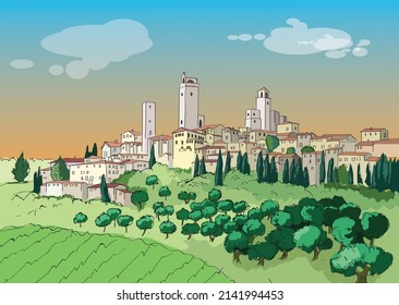 Tuscany Italy, drawing city, olive tree