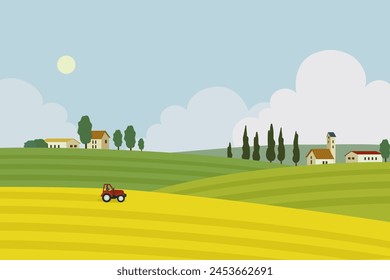 Tuscany. Italy. Rural landscape with farm, fields and tractor. Vector illustration.