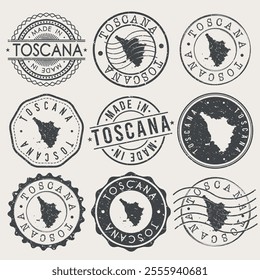 Tuscany, Italy Set of Stamps. Country Travel Marks. Made In Product. Design Seals Old Style Insignia.