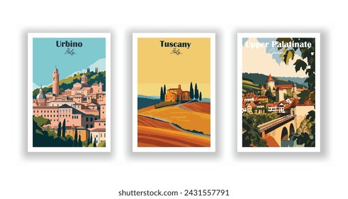 Tuscany, Italy. Upper Palatinate, Germany. Urbino, Italy - Set of 3 Vintage Travel Posters. Vector illustration. High Quality Prints