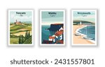 Tuscany, Italy. Weymouth, England. Whitby, England - Set of 3 Vintage Travel Posters. Vector illustration. High Quality Prints