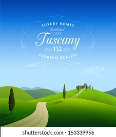 Tuscany landscape background with calligraphic vintage label