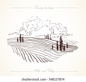 Paisaje toscano con campos, colinas. Paisajes rurales de viñedos o olivos dibujados a mano. Boceto de viajes casa de campo. Para viajes de folletos de granjeros, etiqueta. Vector de material de ilustración vectorial.