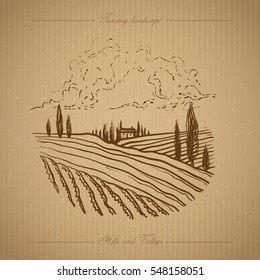 Tuscany landscape with fields, hills. Hand drawn vineyard or olives gardens rural landscape. Travel sketch old farm house. For farmer brochure travel, label. Vector illustration stock vector.