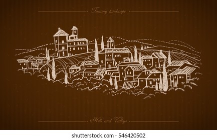 Tuscany landscape with fields and hills. Horizontal hand drawn vineyard or olives gardens rural landscape. Travel sketch old farm house. For farmer brochure travel label. Vector illustration stock vector