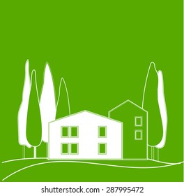 Tuscany landscape with houses and trees â?? vector Illustration.