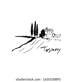 Tuscany landscape illustration. Ink drawing of a field and a house.