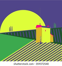 Tuscany landscape at sunset. Abstract. Hand drawn textures. Stock vector.