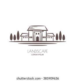 Tuscany landscape, villa and vineyard fields. Vector sketch illustration of rural landscape. 