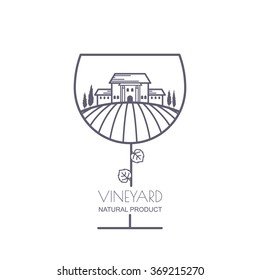 Tuscany landscape with vineyard fields, villa, trees in wine glass shape. Outline vector illustration of rural landscape. Trendy concept for wine list, bar or restaurant menu, labels and package.