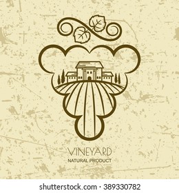 Tuscany landscape with vineyard fields, villa, trees in grape berries shape. Vector rural landscape on grunge background. Concept for wine list, bar or restaurant menu, labels and package.
