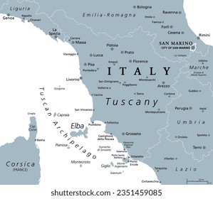 Tuscany, region in central Italy, gray political map with popular tourist spots like Florence, Castiglione della Pescaia, Pisa, Lucca, Grosseto and Siena. The Tuscan Archipelago is part of the region.