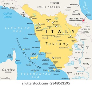 Tuscany, region in central Italy, political map with many popular tourist spots like Florence, Castiglione della Pescaia, Pisa, Lucca, Grosseto and Siena. The Tuscan Archipelago is part of the region.