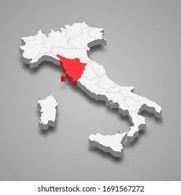 Tuscany region location within Italy 3d map