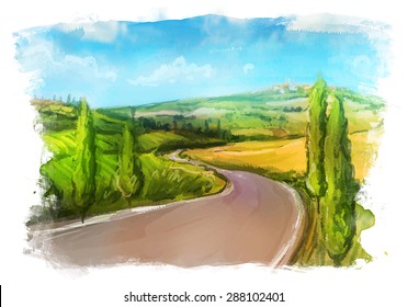 Tuscany: Rural landscape with fields and hills. Watercolor Illustration.