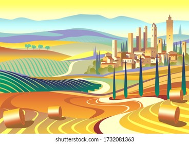 Tuscany Rural Landscape with fields, vineyards, cypresses, town and hills in the background. Handmade drawing vector illustration. Art Deco retro style poster.