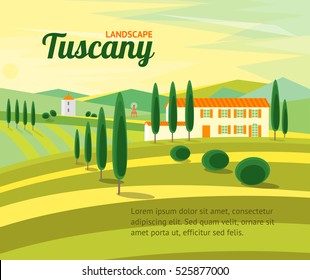 Tuscany Rural Landscape with Houses Banner Card for Your Business. Flat Design Style. Vector illustration
