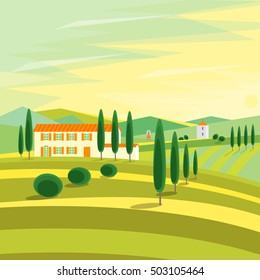 Tuscany Rural Landscape with Houses. Vector illustration of Italy panoramic. spring farm hill, fog, tree, meadow. Summer day