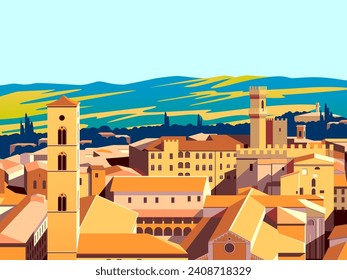 Tuscany Rural Landscape with little old town in the first lpan and fields, vineyards, cypresses and hills in the background. Handmade drawing vector illustration. Vintage style poster.