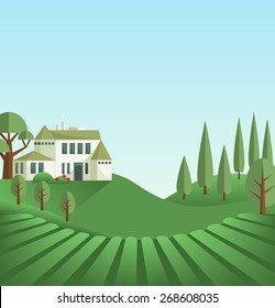 Tuscany scene. Illustration with traditional rural south Europe landscape. Green field and hills, toll trees, bright light and old castle. Historical place flat mixed style. Vector file is EPS8.