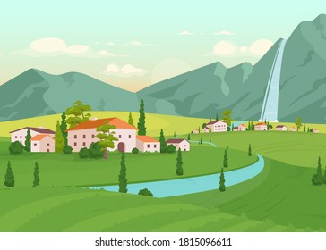 Tuscany scenery flat color vector illustration. River near farmhouses. Residential houses near mountain with waterfall. Idyllic countryside 2D cartoon landscape with nature on background