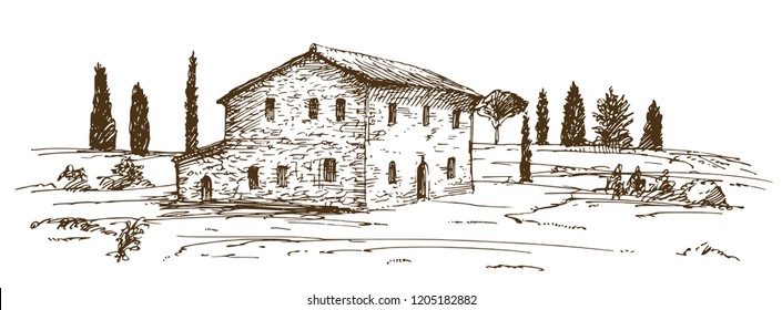 Tuscany Villa. Hand Drawn Vector Illustration.