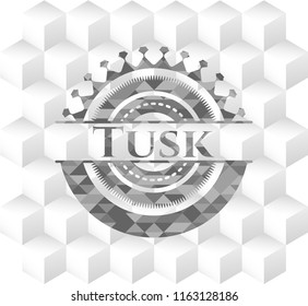 Tusk retro style grey emblem with geometric cube white background