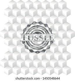 Tussle grey badge with geometric cube white background