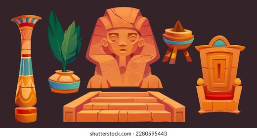 Tutankhamen throne, and stairs ancient Egypt set. Pharaoh temple interior elements for civilization game ui interface on dark background. Archeology cartoon sculpture, column and plant collection.