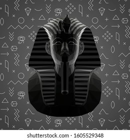 Tutankhamun Burial Mask in Black and White. Dark Low Poly Vector Greyscale Silhouette 3D Rendering