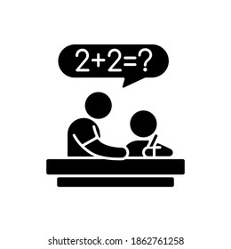 Tutor black glyph icon. Private teacher. Homework help. Students teaching. Instructing kids. Test prep. Developing study skills. Silhouette symbol on white space. Vector isolated illustration