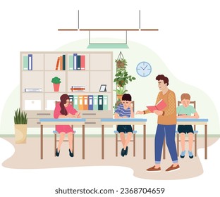 Tutor en aula dictando texto desde el libro de texto a los alumnos ilustración vectorial de composición plana
