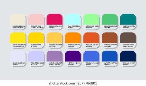 Tutor Color Guide Palette with Color Names. Catalog Sample Tutors with RGB HEX codes and Names. Education Tutors Colors Palette, New Tutor Color Palette, Fashion Trend Tutor Color Palette 2026 - 2027