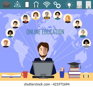 Tutor and his online education group on the world map background. Concept of distance education and e-learning. Tutor instructs students from different countries. Education and science icons.