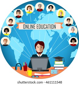 Tutor and his online education group on the globe background. Concept of distance education and e-learning. Tutor instructs students from different countries.