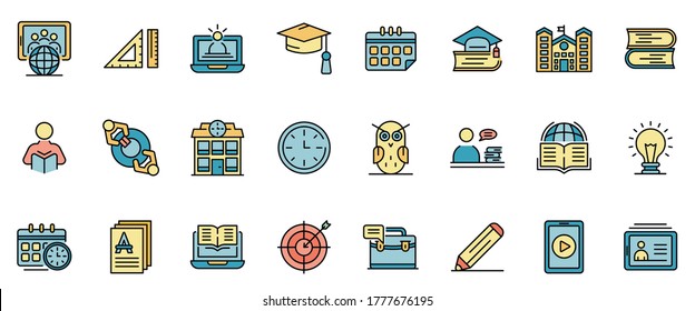 Tutor icons set. Outline set of tutor vector icons thin line color flat on white