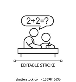 Tutor linear icon. Private teacher. Homework help. Students teaching. Instructing kids. Thin line customizable illustration. Contour symbol. Vector isolated outline drawing. Editable stroke