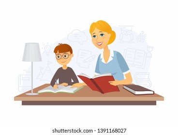 Tutor - modern vector cartoon people characters illustration on white background. A colorful composition with a female teacher holding a book, a boy, student writing in his copybook. Lesson at home