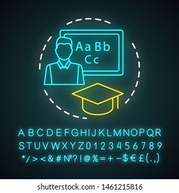 Tutor neon light icon. Private teacher. Courses training. Educator, pedagogue. School personnel. Foreign language tutor. Glowing sign with alphabet, numbers and symbols. Vector isolated illustration