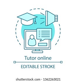 Tutor online concept icon. Distant courses at university, college. Student chat. Training webinar. Internet education idea thin line illustration. Vector isolated outline drawing. Editable stroke