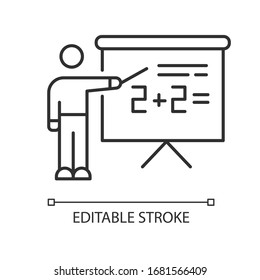 Tutor pixel perfect linear icon. Freelancer, remote teacher. Online lessons, home schooling. Thin line customizable illustration. Contour symbol. Vector isolated outline drawing. Editable stroke