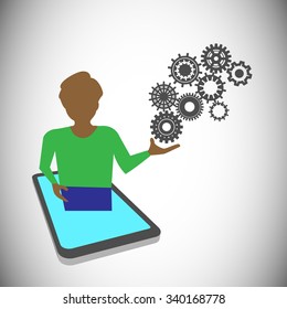 tutor presenting the technology through mobile, this can be used for Online training, learning, presentation, mobile applications, innovations, creativity, online lecture, technology tuition, 