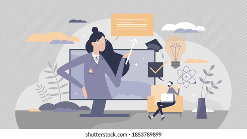 Tutor as private teacher for effective educational growth tiny person concept. E-learning method for academic knowledge development vector illustration. Distant lessons as online skill improvement.