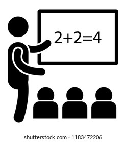 Tutor and students in front of a board with mathematical expression showing icon for mathematics class 