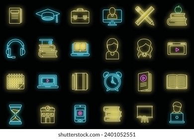 Iconos del profesor de tutor establecidos. Conjunto de esquemas de iconos vectoriales del profesor de tutor color de neón sobre negro