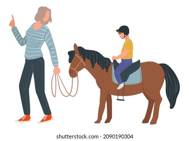 Tutor or teacher teaches boy kid how to ride horseback, isolated classes or training. Sports exercises and improvement of skills. Woman and child in saddle on pony animal. Vector in flat style